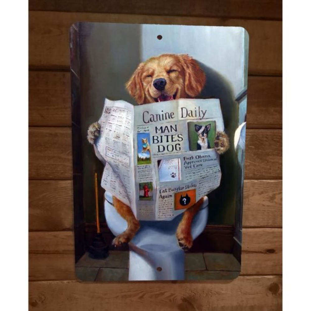 K9 Canine Daily Golden Dog on Toilet 8x12 Metal Wall Sign Bathroom Animal Poster